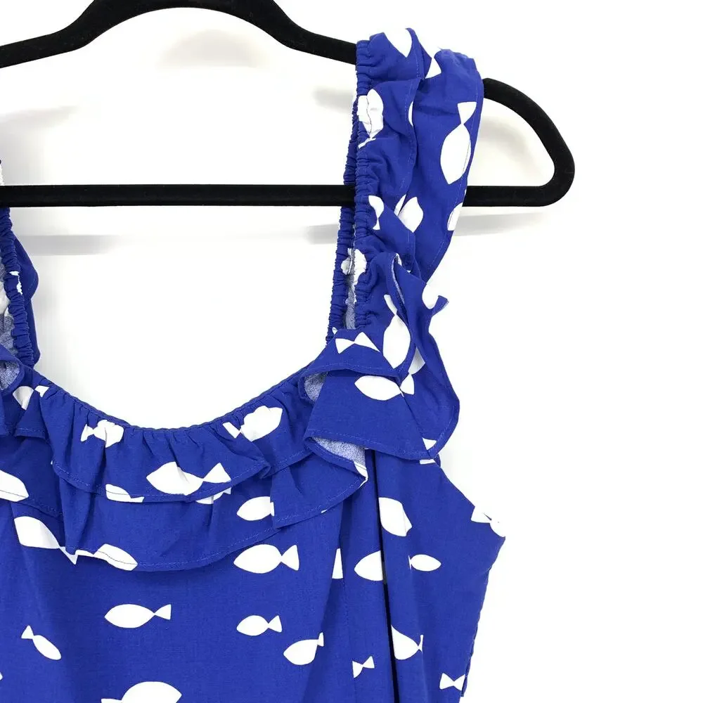 Kate Spade Graphic Fish Print Ruffle Midi Dress Womens Size Large Blue White